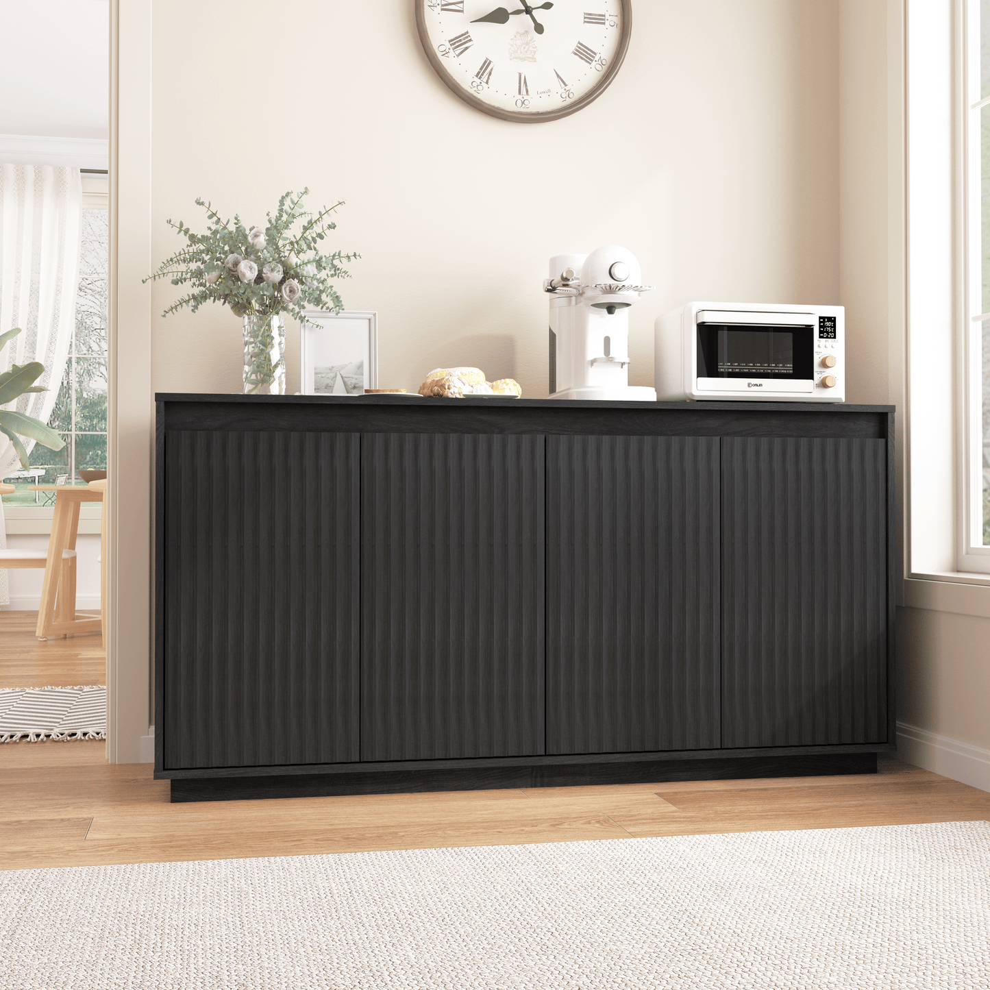 4 Door Black Wood Sideboard Buffet Cabinet With Power Outlet, Wavy Vertical Texture Accent Cabinet With No-Handle Design  Door Top Edge As Handle , Freestanding Kitchen Storage Cabinet For Dining Room