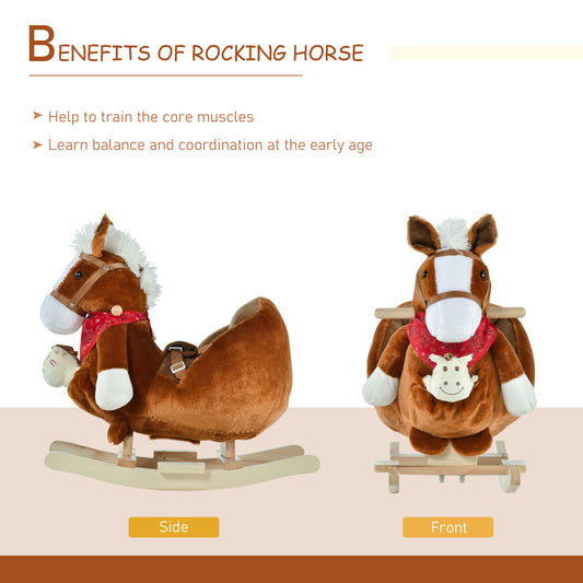 Kids Ride-On Rocking Horse Toy, Rocker With Lullaby Song, Hand Puppets & Soft Plush Fabric For Children 18-36 Months, Brown