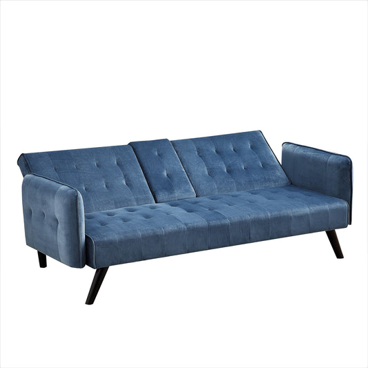 72   Velvet Convertible Sofa Bed With Cup Holders, Tufted Folding Futon Sleeper Couch, Mid-Century Modern 3 Seater For Small Spaces, 72   L X 34.6   D X 31   H,  Blue