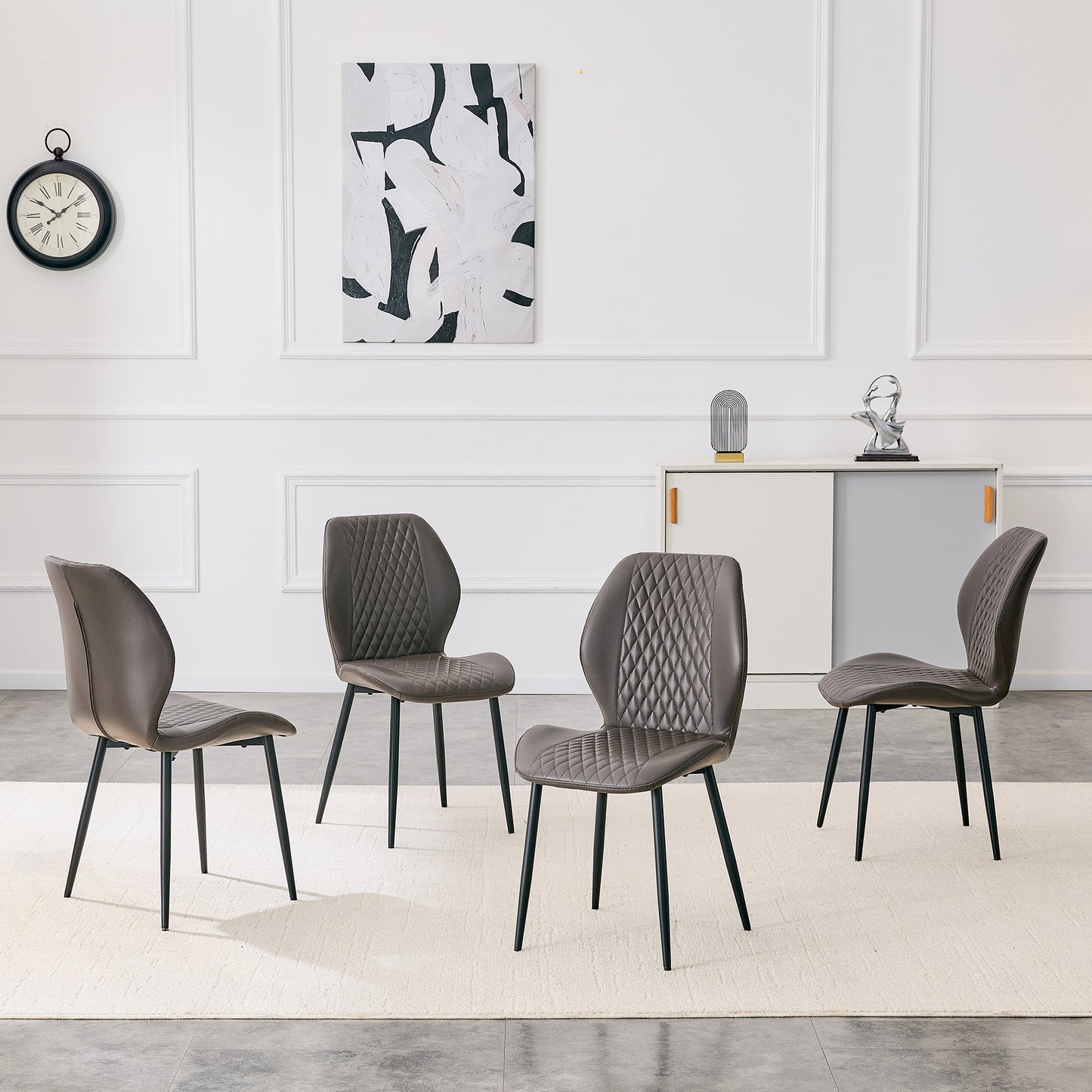 Set Of 4 Modern Light Luxury Dark Gray Diamond-quilted PU Chairs With Black Metal Legs. Suitable As Upholstered Dining Chairs With Backrests For Dining Rooms, Adaptable To A Wide Range Of Scenarios.