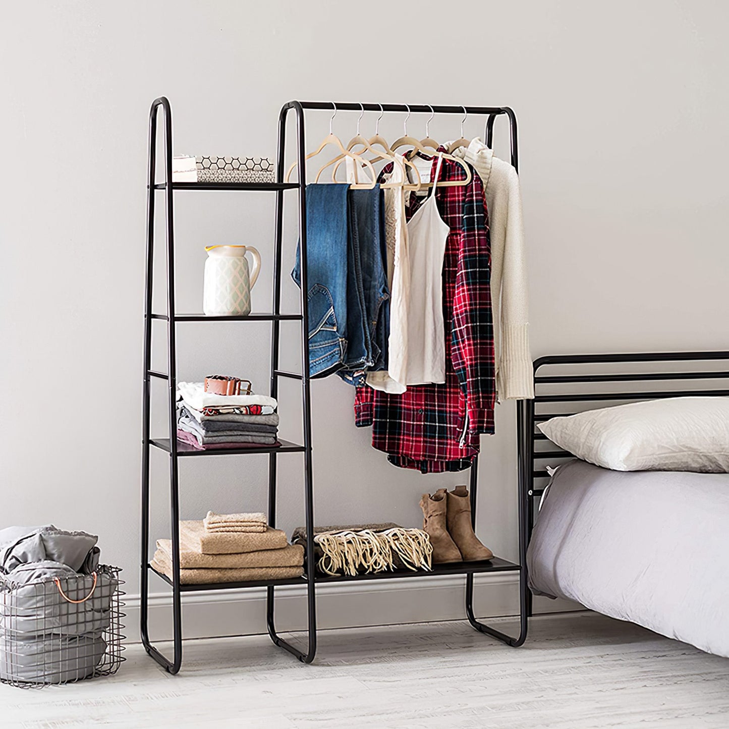 1Pc Metal Garment Hanging Rack Shoe Clothing Organizer Shelves Freestanding Clothing Hanging Rail Clothes Wardrobe Shoe Display Organizer With 1 Hanging Rod 5 Mesh Shelves