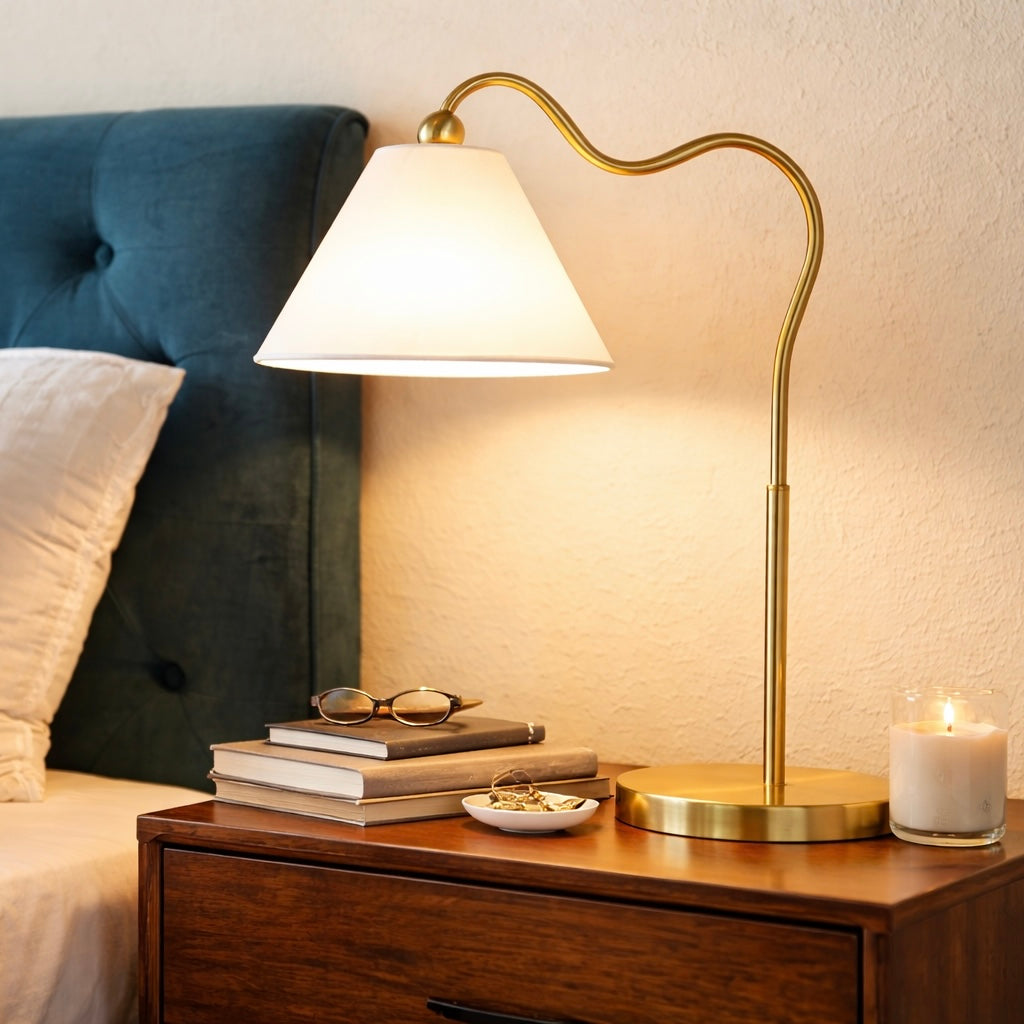 Ornate Brass Ring Base Curved Table Lamp With Triangle White Drum Shade, Gold, Metal, 18.25 X 9.50 X 22.00 Inches