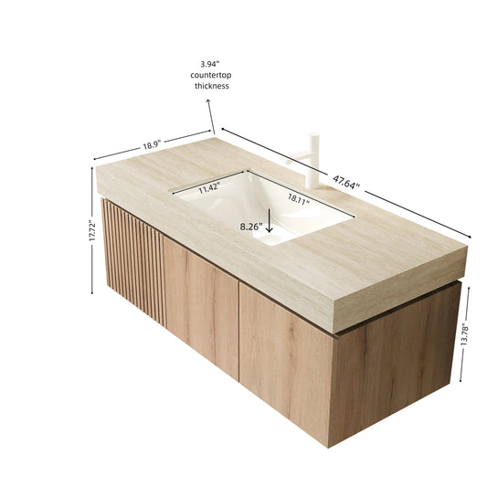 MURI 48 Bathroom Vanity&Sink, Floating Plywood Storage Cabinet With Drawer&Doors, Roma Travertine Sintered Stone Top&Ceramic Basin With 1 Pre-drilled Faucet Hole, Pre-assembled, White Oak Woodgrain