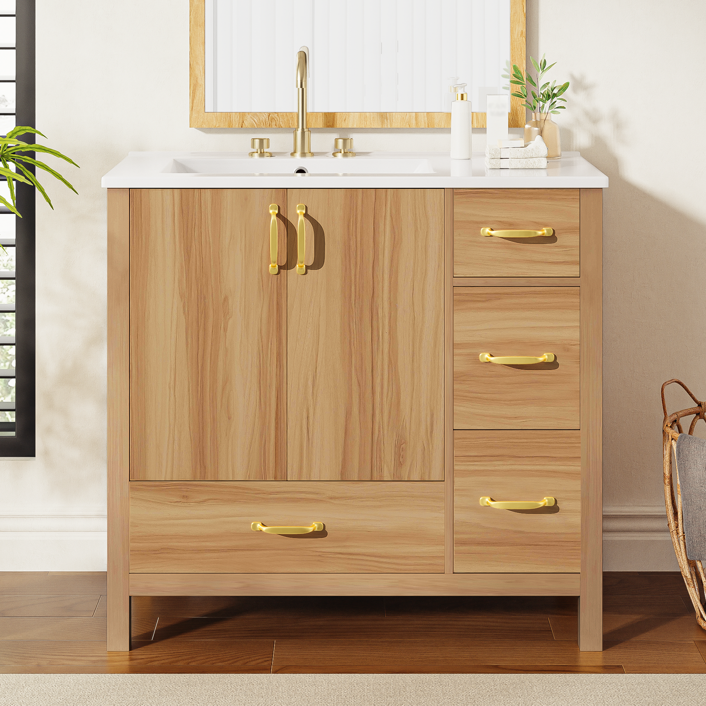 36  Wood Bathroom Vanity With Solid Wood Frame, 2 Soft Close Doors, 4Soft Close Drawers, Adjustable Shelf, Modern Storage Cabinet