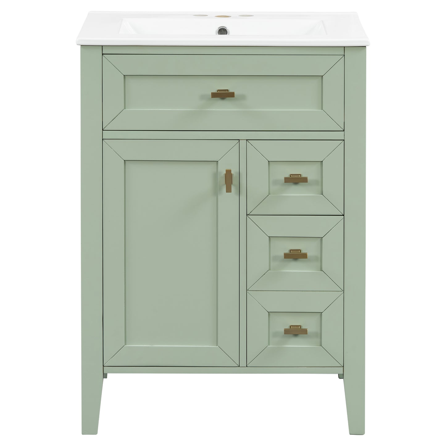 24'' Green Bathroom Vanity With Sink, MDF & Rubberwood Construction, 3 Drawers & Cabinet With 2-Tier Door Storage Rack, Soft-Close Door & Drawers, Modern Design For Small To Medium Bathrooms