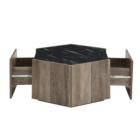 Hexagonal Rustic Retro Wood Coffee Table, With 2 Hidden Drawers, Textured Black Marble Tops, Light Brown Oak Finish - Perfect For Living Room & Reception Areas