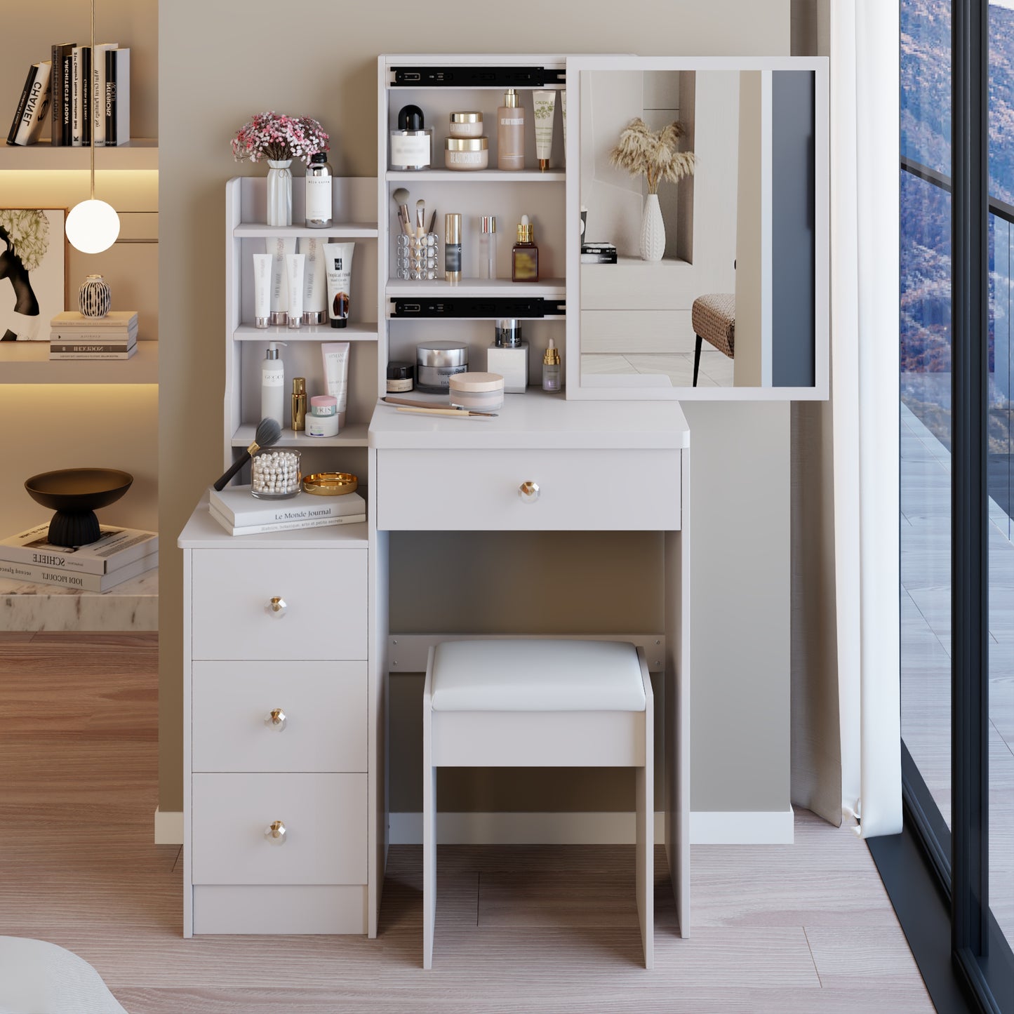 29.2 Small Space Left Bedside Cabinet Vanity Table  Cushioned Stool, Extra Large Right Sliding Mirror, Multi Layer High Capacity Storage, Practical Fashionable Dresser, EPA, GCC, UL Certificate