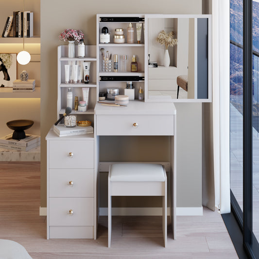 29.2 Small Space Left Bedside Cabinet Vanity Table  Cushioned Stool, Extra Large Right Sliding Mirror, Multi Layer High Capacity Storage, Practical Fashionable Dresser, EPA, GCC, UL Certificate
