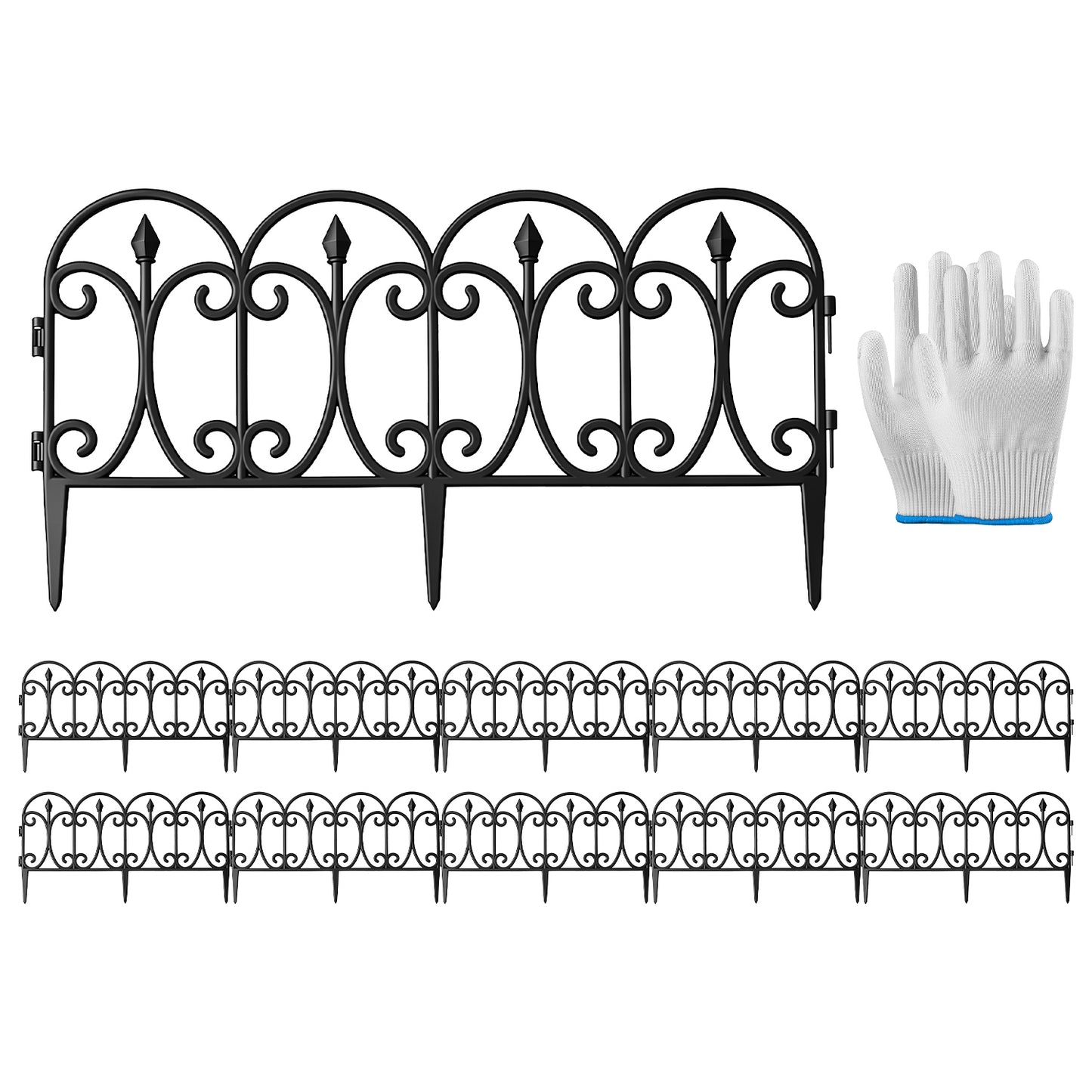 10 Packs Garden Decorative Lawn Edging Border PP Garden Fence Panels Easy Assembly Outdoor Flower Bed Landscape Fencing No-Dig Spikes With Gloves Total 19.3FT