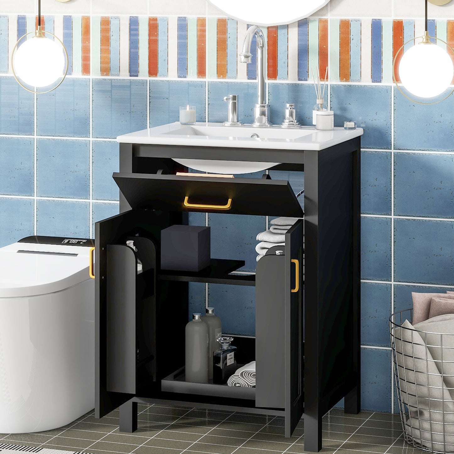 24 Bathroom Vanity Combo With Ceramic Sink, Luxurious Space-Saving Vanity - W24 XD18 XH34 Inch, 2 Soft Close Doors