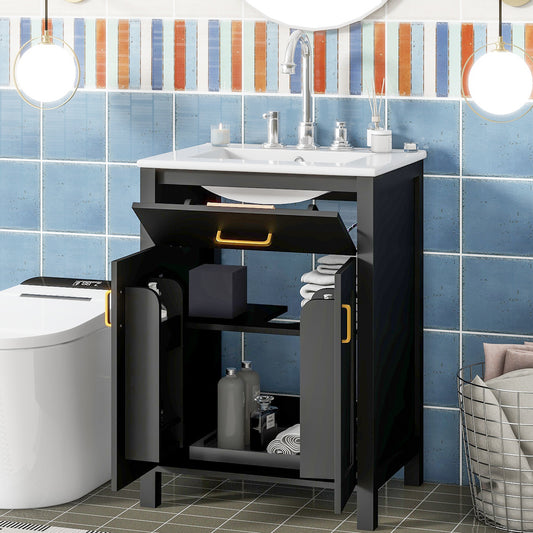 24 Bathroom Vanity Combo With Ceramic Sink, Luxurious Space-Saving Vanity - W24 XD18 XH34 Inch, 2 Soft Close Doors