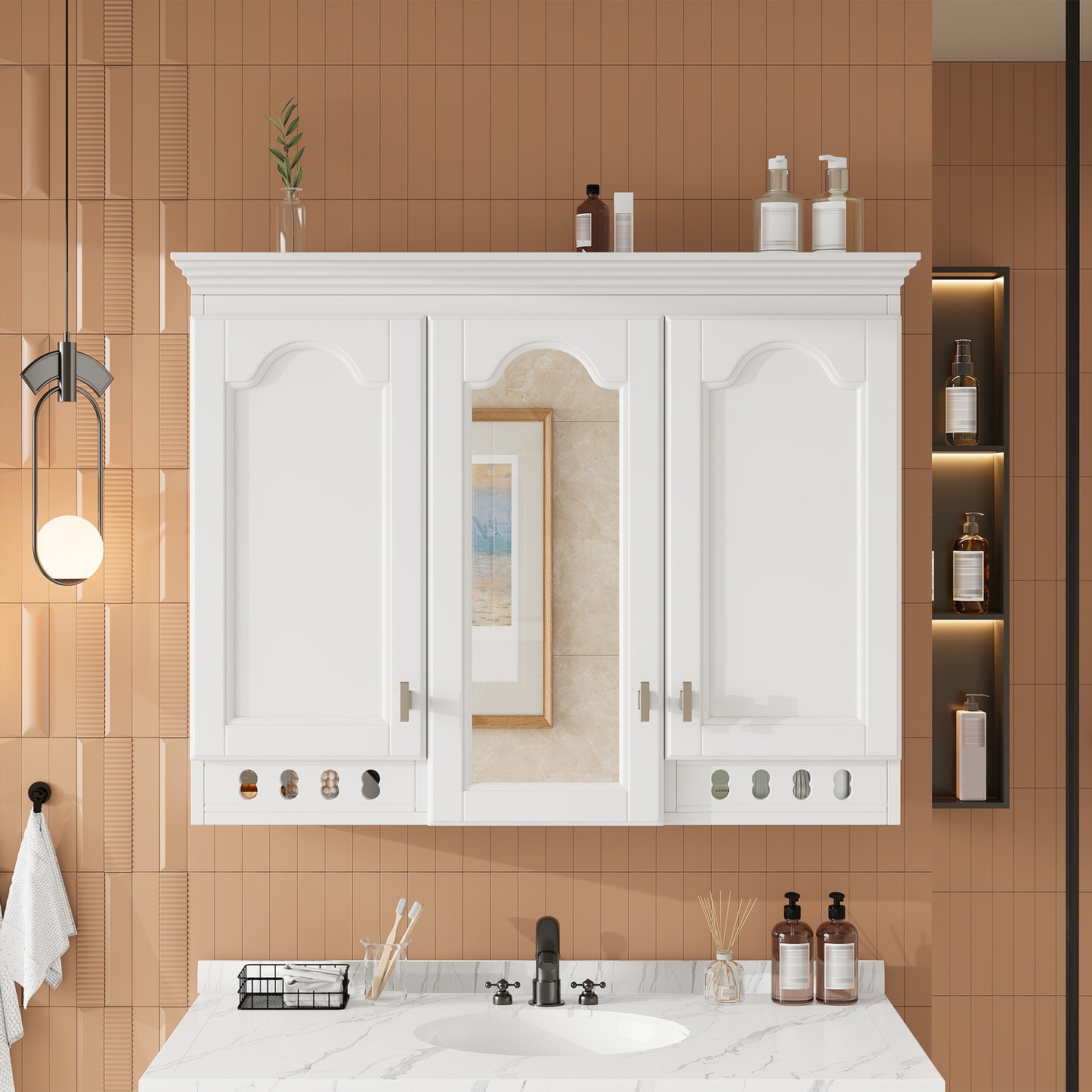 35 Inch Wall-Mount All-in-One Mirror Cabinet With Adjustable Shelves, Soft-Closing Hinges, For Bathroom Vanity, Living Room, Bedroom Storage Organizer