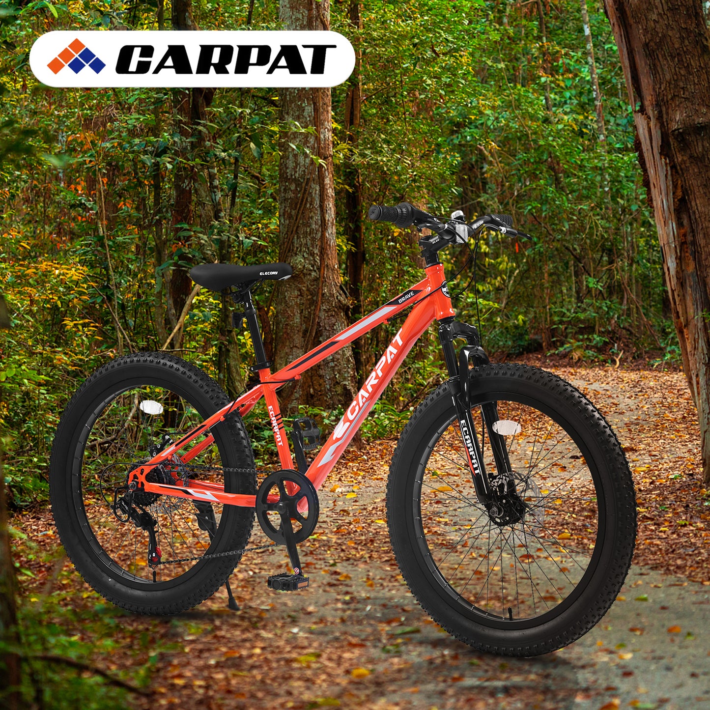 S24109 Elecony 24 Inch Fat Tire Bike Adult&Youth Full Shimano 7 Speeds Mountain Bike, Dual Disc Brake, High-Carbon Steel Frame, Front Suspension, Mountain Trail Bike, Urban Commuter City Bicycle