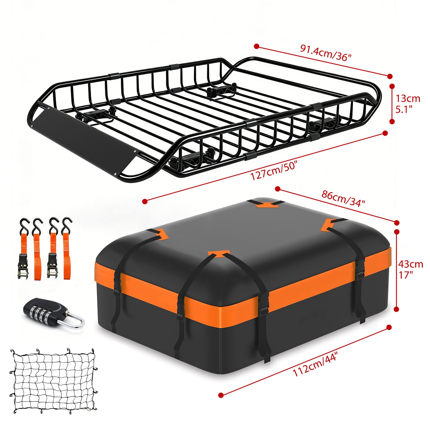 Roof Rack Cargo Basket 50  L  X 36  W  X 5.1  H  Extendable Universal Rooftop Luggage Carrier For Truck Cars SUV With Waterproof Cargo Bag, Cargo Net, Ratchet Straps & Outdoor Combination Lock