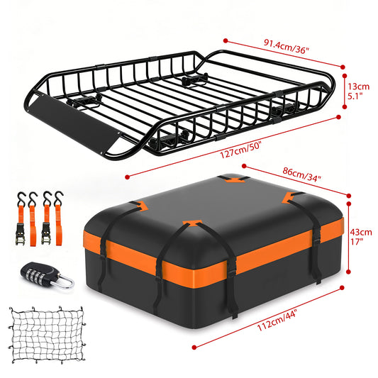 Roof Rack Cargo Basket 50  L  X 36  W  X 5.1  H  Extendable Universal Rooftop Luggage Carrier For Truck Cars SUV With Waterproof Cargo Bag, Cargo Net, Ratchet Straps & Outdoor Combination Lock