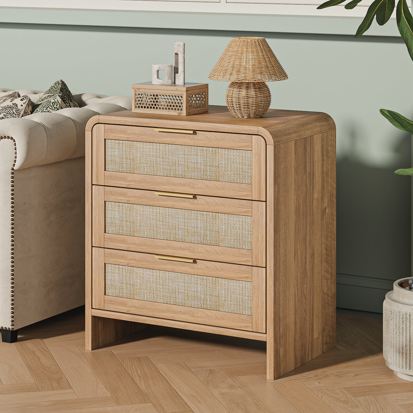 Rattan Nightstand With 3 Drawers Set Of 2, 22.8  Wide Curved Wooden Bedside Table, Modern Storage For Bedroom, Caramel Oak.