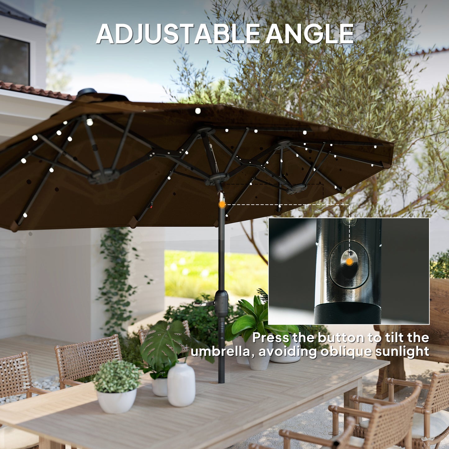 Double-sided Outdoor Patio Umbrella With Solar Lights And Base, Dining Table Umbrella Push Button Tilt, Coffee