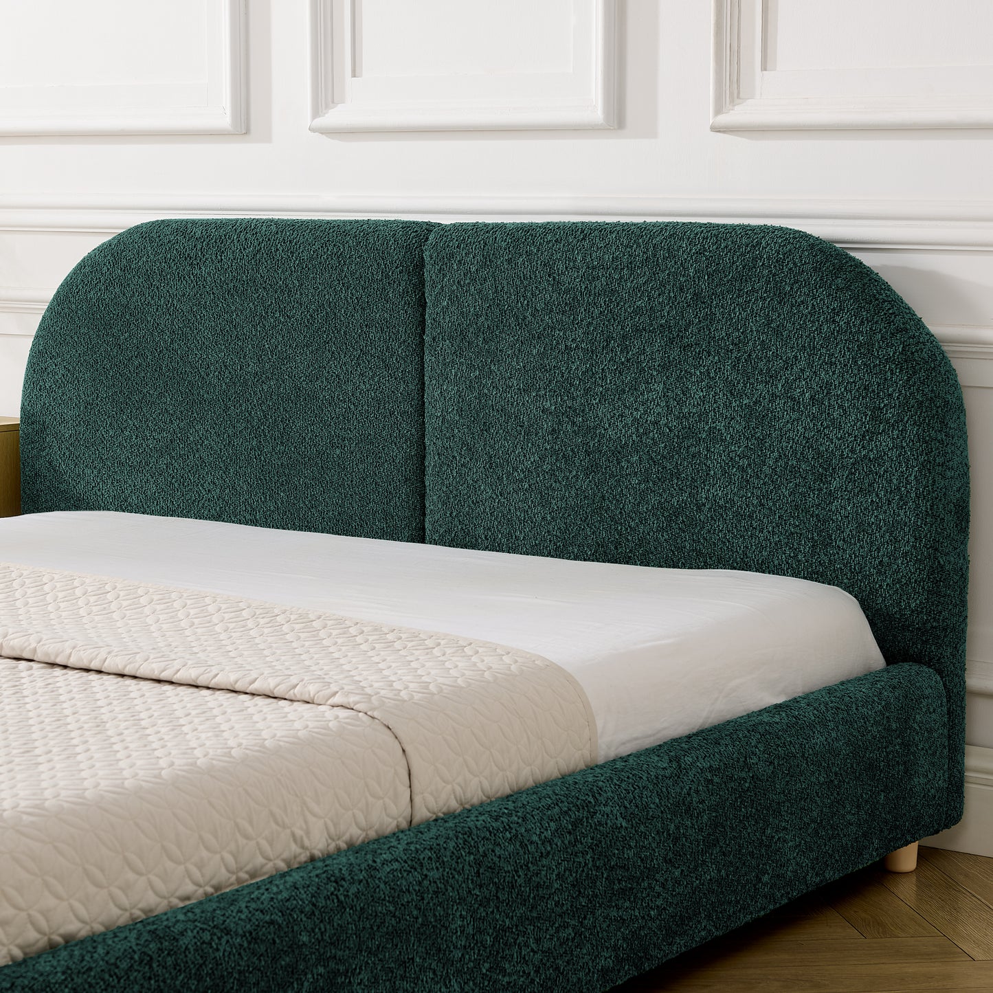 Queen Size Upholstered Bed Frame, Modern Minimalist Style With Tall Curved Headboard, Premium Circle Yarn Fabric & Sturdy Leg Support, Mattress Not Included-Green