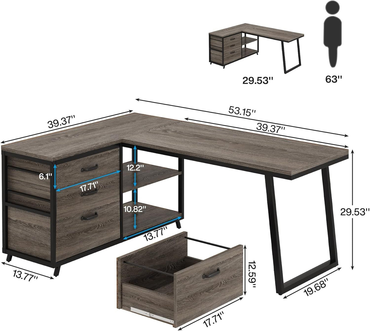L-Shaped Desk With 3 Drawers, Reversible Corner Home Office Computer Desk With Shelves, 53-Inch Industrial PC Desk Study Writing Table Workstation