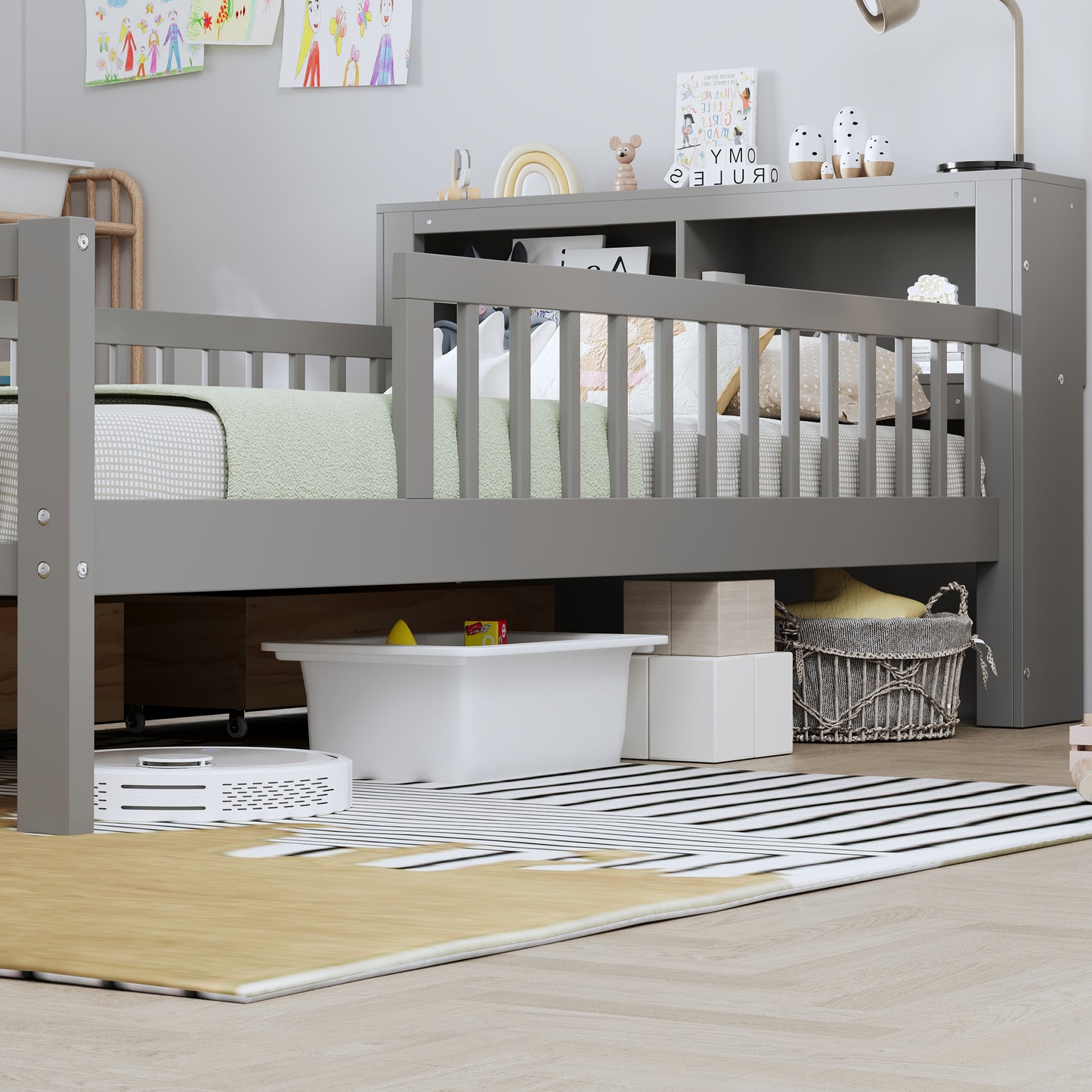 Twin Size Bed With Headboard Storage Rack, Two Under-Bed Drawers, Three-Side Guardrails For Safety And Security,Gray