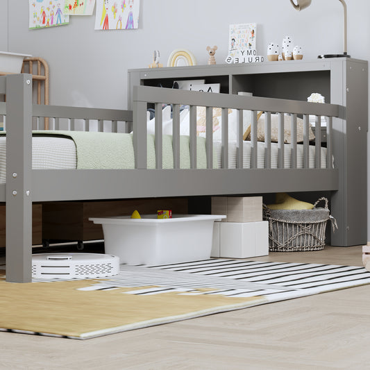 Twin Size Bed With Headboard Storage Rack, Two Under-Bed Drawers, Three-Side Guardrails For Safety And Security,Gray