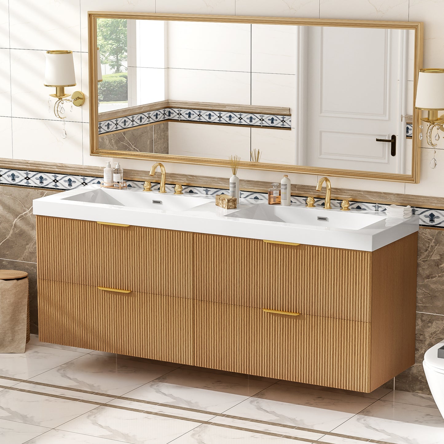 59.3 Inch Double Sink Bathroom Vanity With SMC Top, Painted MDF Cabinet , Soft Close  Drawers, Wall-Mounted Modern Storage Vanity