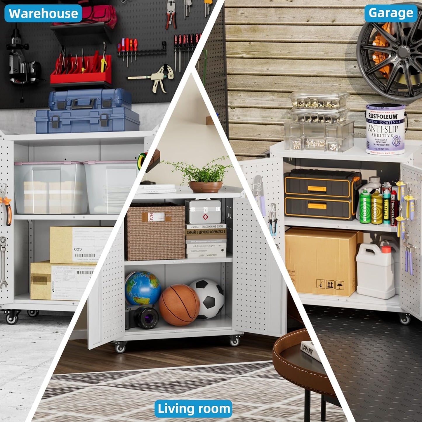 Metal Storage Cabinet With 2 Doors And 4 Hooks,Top Workbench Mobile Tool Chests Garage Cabinets With 4 Wheels And Lock Push Arm For Home,Office,Shop White