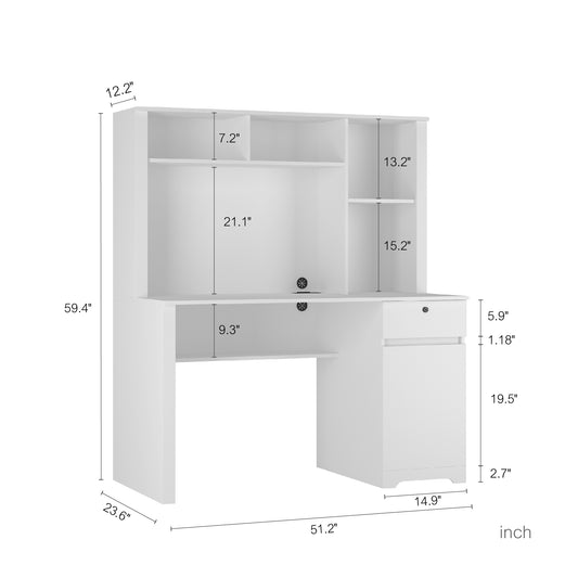 Computer Desk With Hutch & Bookshelf,Wood Executive Desk Teens Student Desk Writing Laptop Home Office Desk With Drawers,3 AC Outlets And 2 USB Charging Ports,Study Laptop Table For Home White