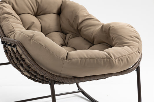 Outdoor Rocking Chair, Patio Oversized Wicker Egg Rocking Chair, Indoor & Outdoor Comfy Rocker Chair With Thick Cushion, Modern Lounge Chair For Balcony, Front Porch, Garden, Backyard, Khaki