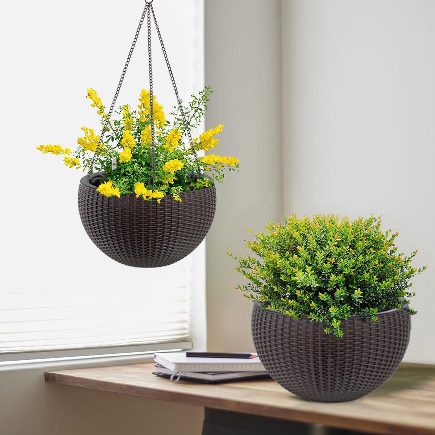 13.4 Inch Self-Watering Hanging Rattan-Inspired Planter Large Capacity, Root-Rot Resistant Water Storage With Water Level Indicator, Dual-Use For Indoor & Balcony Decoration  Pack Of 2, Brown