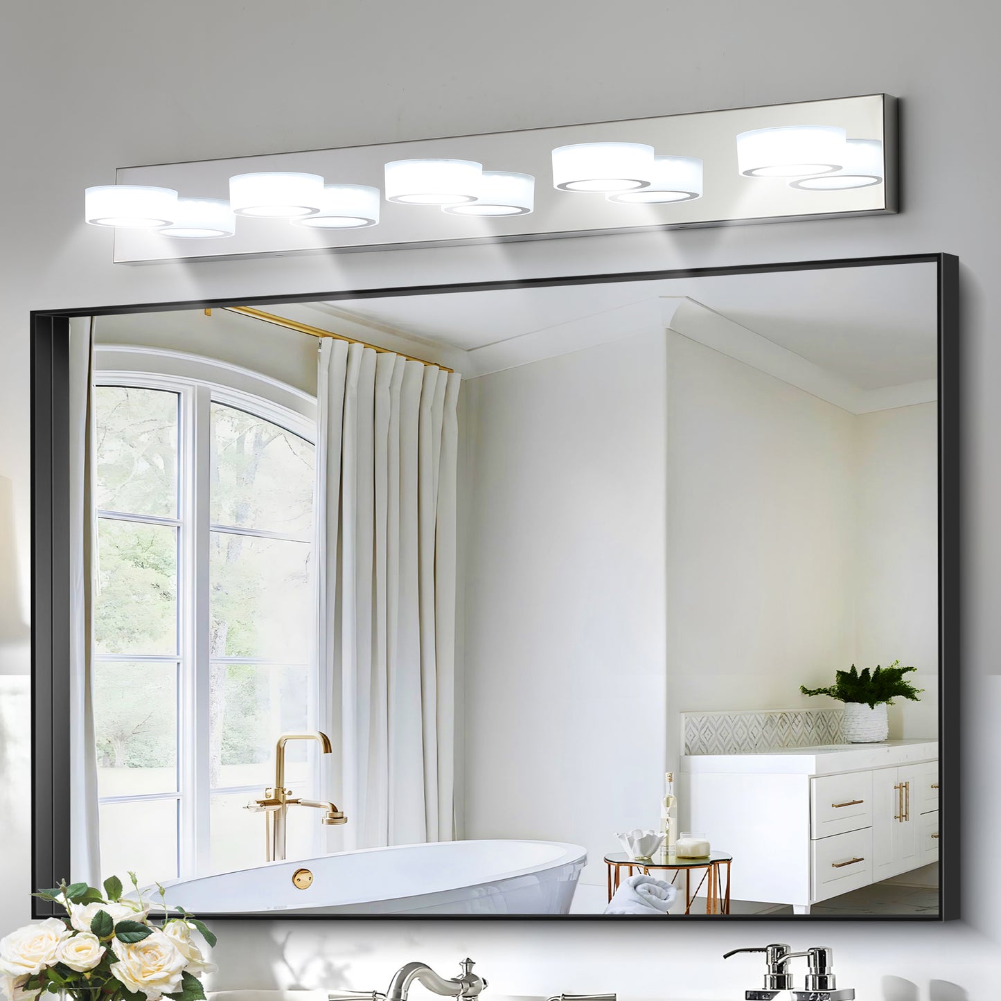 37  Modern 5-Light LED Vanity Light Fixture - Chrome Finish With Acrylic Light Shades - Energy-Efficient Bathroom Wall Sconce - Dimmable For Mirror, Shower, And Bathroom Decor