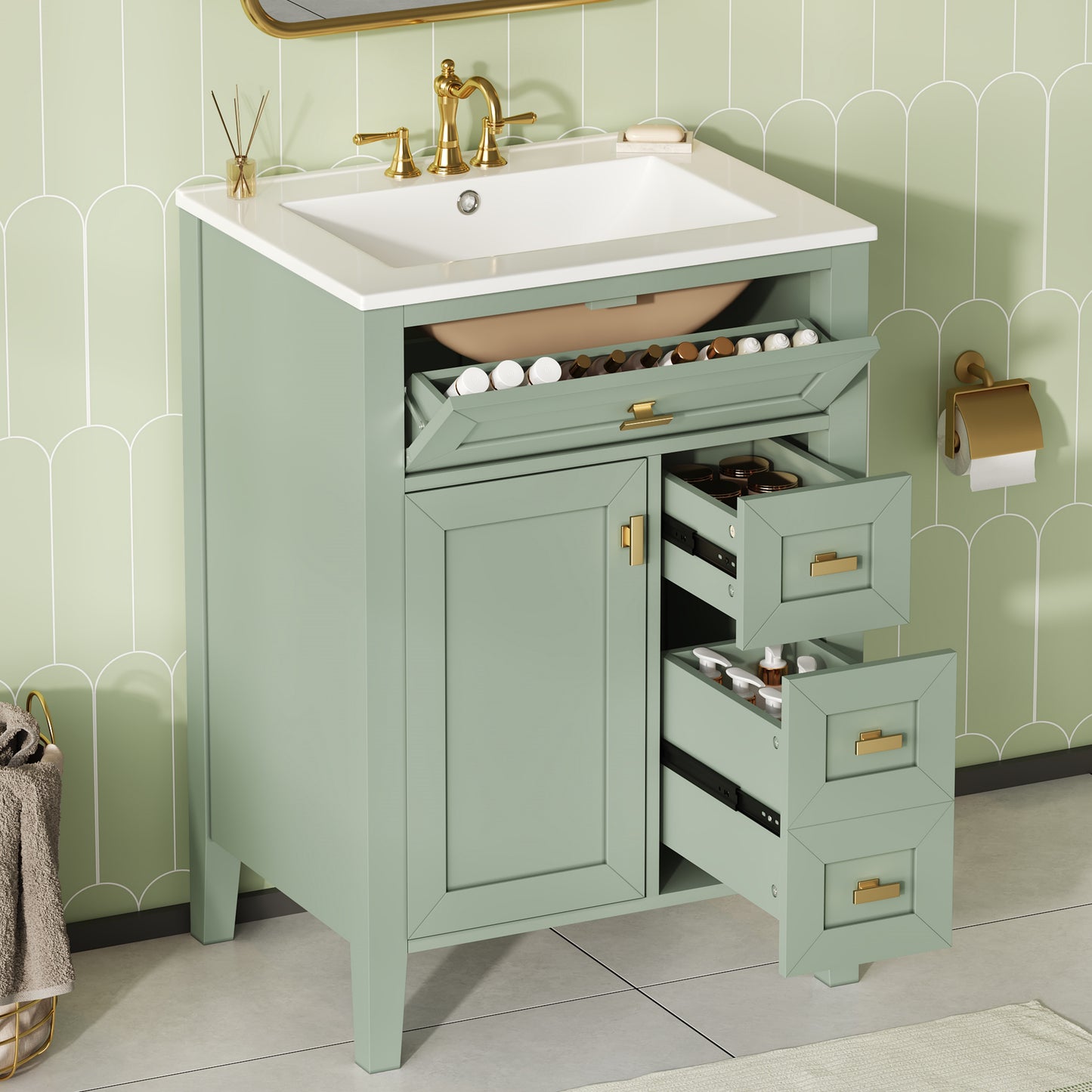 24'' Green Bathroom Vanity With Sink, MDF & Rubberwood Construction, 3 Drawers & Cabinet With 2-Tier Door Storage Rack, Soft-Close Door & Drawers, Modern Design For Small To Medium Bathrooms