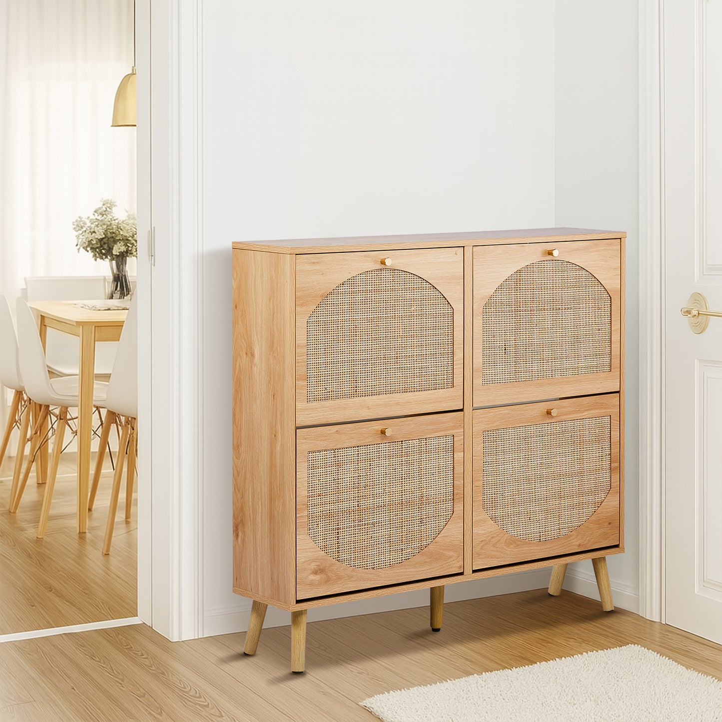 2 Rows Of 4 Dump Buckets With High Feet Arched Rattan Surface Shoe Cabinet Density Board With Triamine 105X24X98cm Original Wood Color