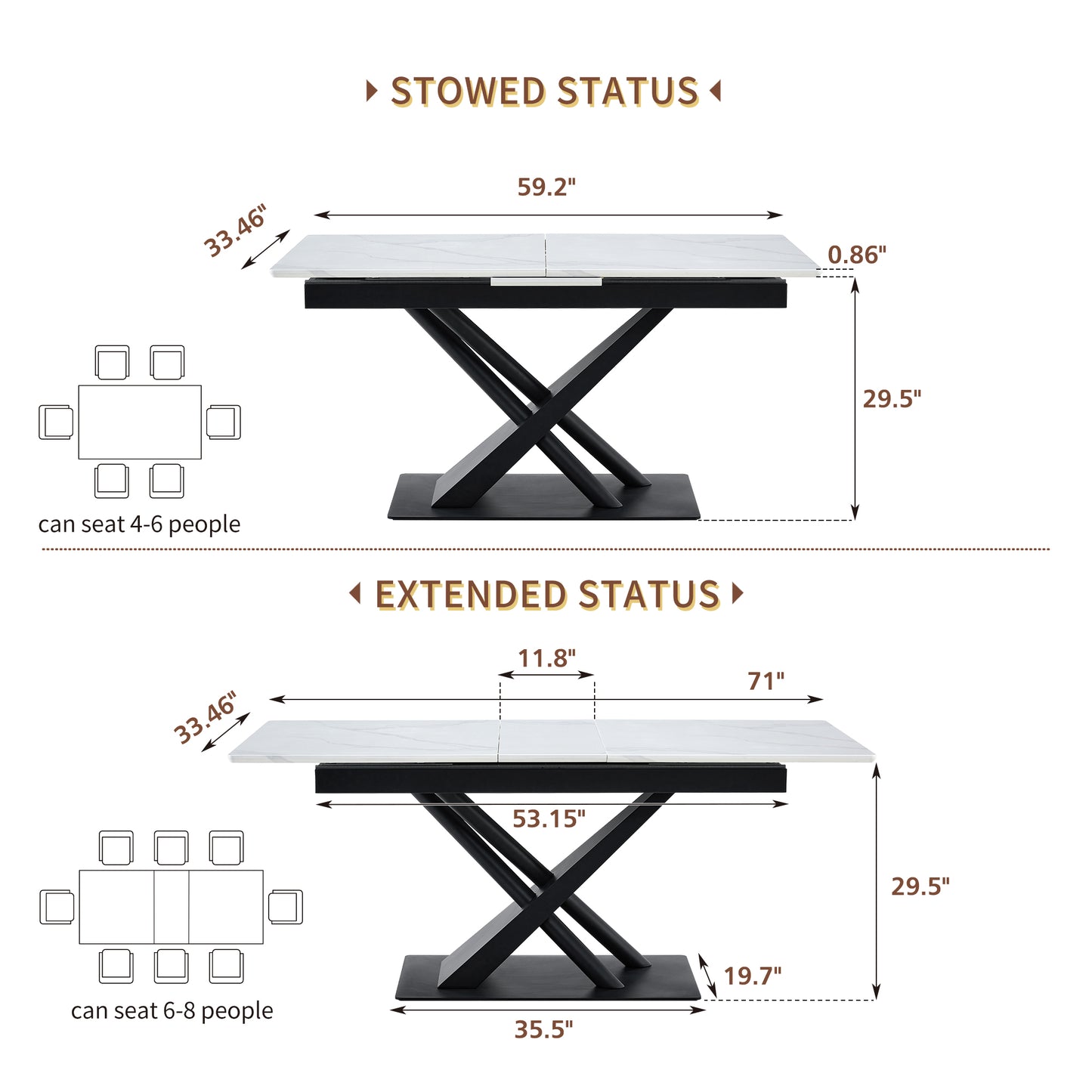 Modern Dining Table With White Marble MDF Veneer Paper Tabletop And Geometric X-Frame Metal Spray-Painted Legs, Sturdy Metal Base For Contemporary Kitchen Or Dining Room  White Marble, 1 Table