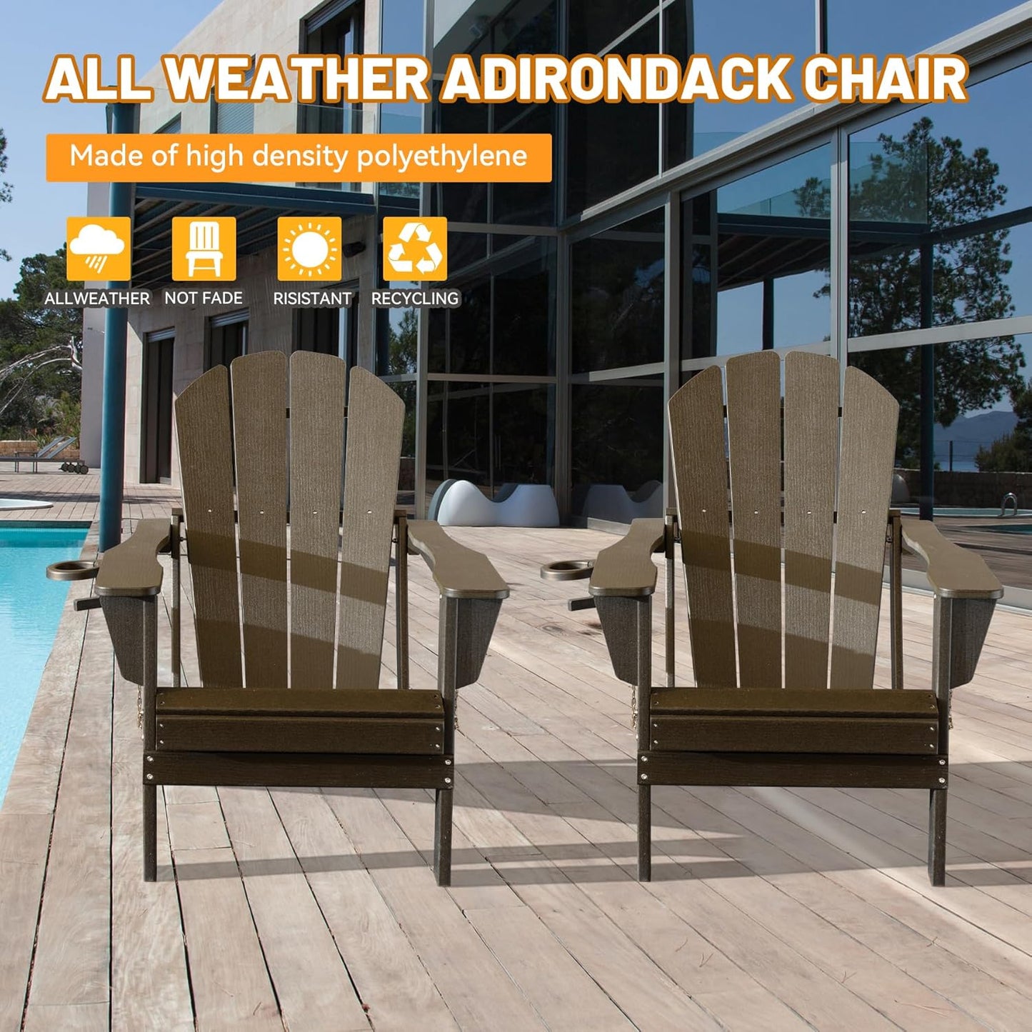 Adirondack Chairs Set Of 2, Plastic Adirondack Chair, Adirondack Chairs, HDPE Adirondack Chair, Folding Adirondack Chairs, Outdoor Chairs With Cup Holder For Lawn Patio Deck Fire Pit -Brown