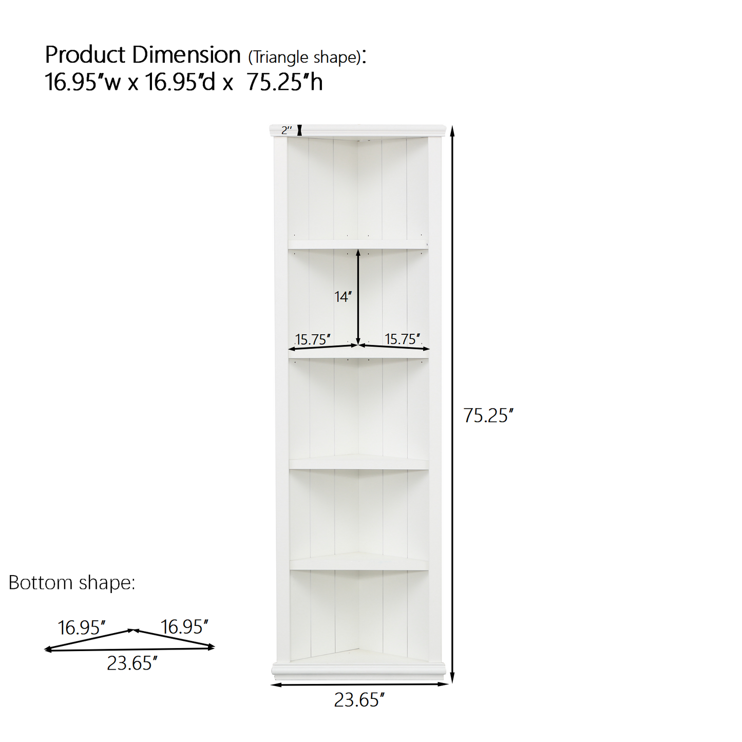 2x 75.25  Tall Triangle Sided Bookshelves, Set Of Two 5-Tier Sided Bookcase, - White - Olny Sold With Paired Cabinets