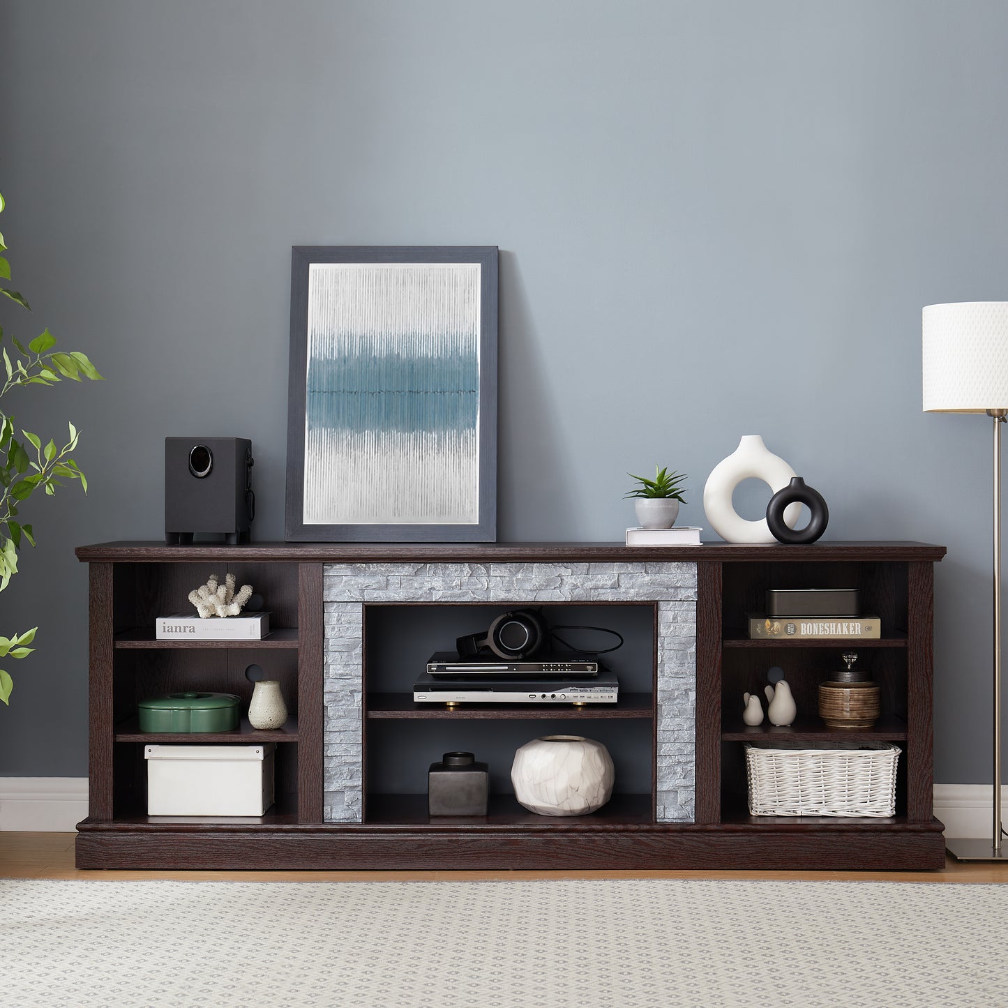 Large Faux Stacked Stone TV Stnad, Desk Storage Rack, Media Console Table With Large Storage Cabinet,Modern TV Media Entertaionment Stand,Cherry, 70.12 Wx15.35 Dx25.83 H