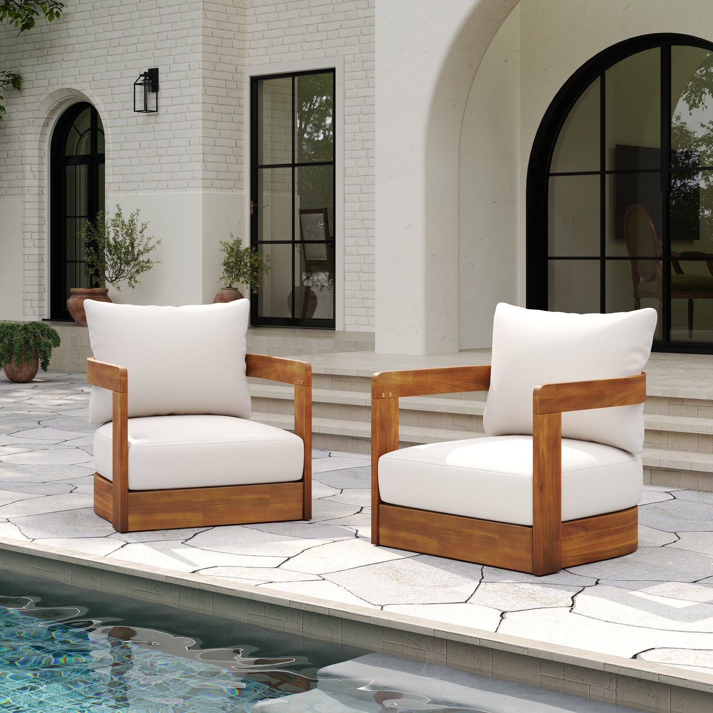 Premium Acacia Wood Outdoor Club Chair, Curved Tub Design, Water-Resistant Cushions, All-Weather Slat Construction