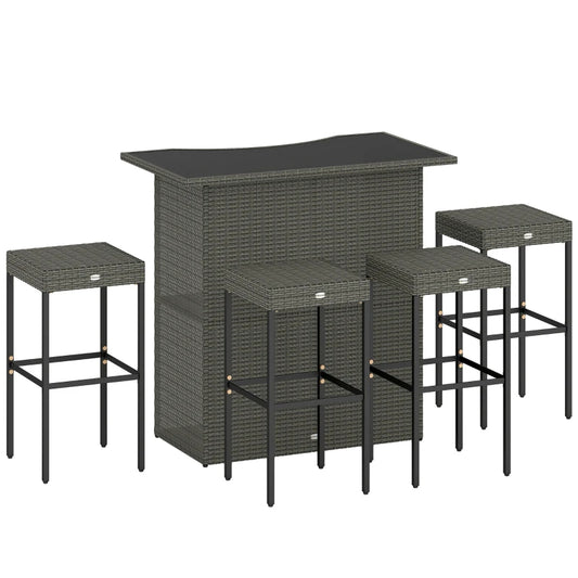 Outsunny 5 Piece Rattan Wicker Bar Set, High Top Outdoor Table And Chairs, Bar Height Patio Set, 2 Shelves & 4 Bar Stools, Gray