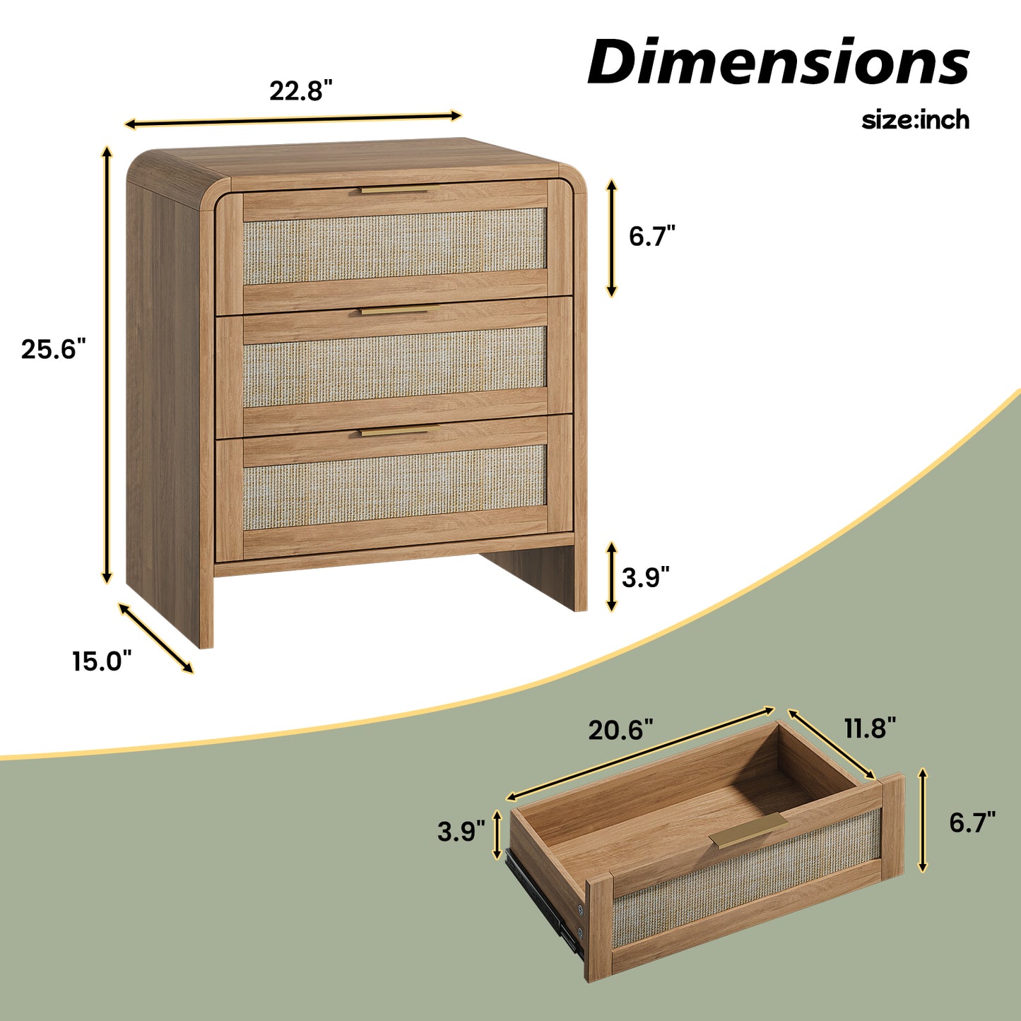 Rattan Nightstand With 3 Drawers Set Of 2, 22.8  Wide Curved Wooden Bedside Table, Modern Storage For Bedroom, Caramel Oak.