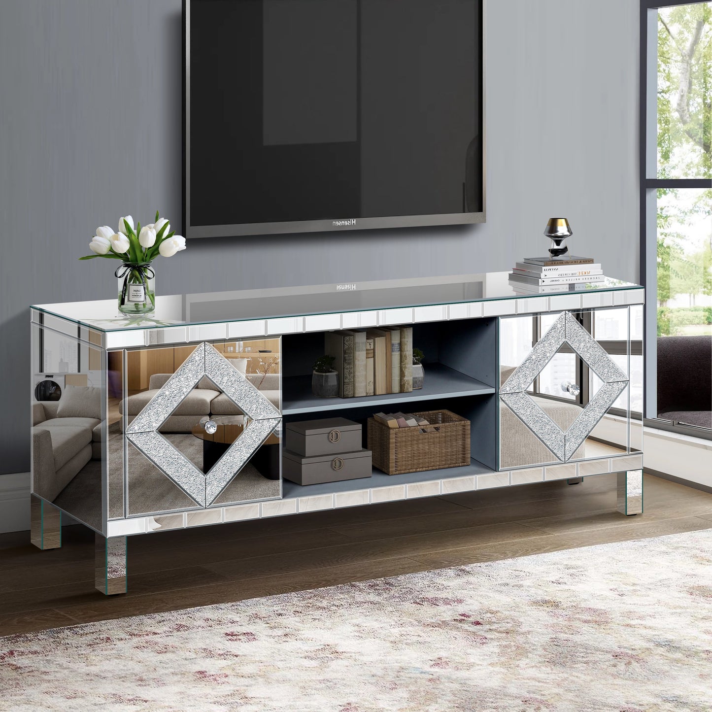 Mirrored TV Stand For 65 Inch TV,Sliver TV Console Table With Open Storage & 2 Storage Cabinets ,Diamond Shape Sparkling Mirror Doors For Living Room 59'W X 25.2H X 15.7D