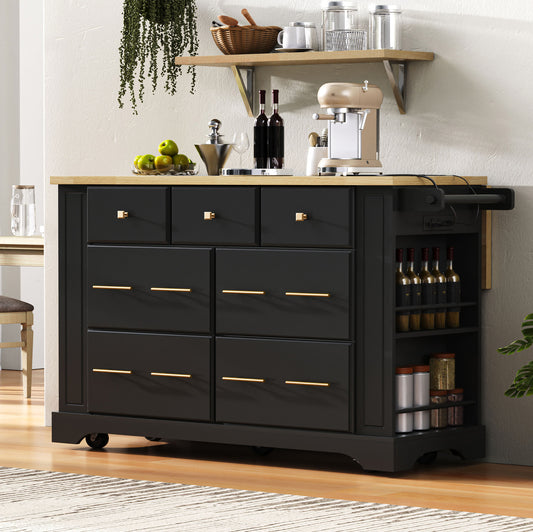 K&K Kitchen Island With 6 Drawers, Pull Out Trash Can Storage, Rolling Kitchen Island On 5 Wheels With Drop Leaf, Power Outlet, 5 Open Side Racks For Kitchen, Dining Room, Black