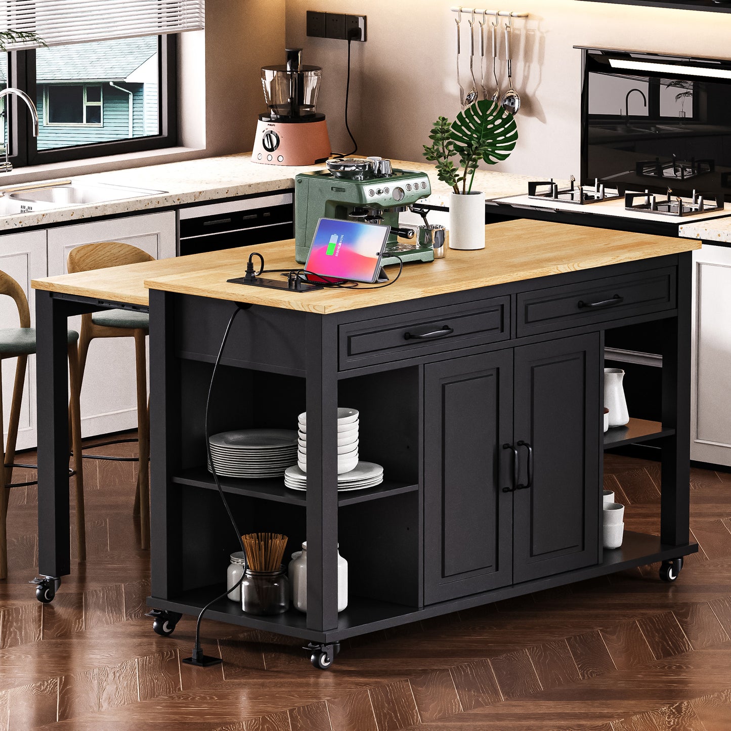 K&K 47 Inch Kitchen Island With Extendable Dining Table, Rubber Wood Veneer Kitchen Table With Internal Storage Rack, Power Outlet, Kitchen Island With Storage 2 Drawers 2 Cabinet, Black