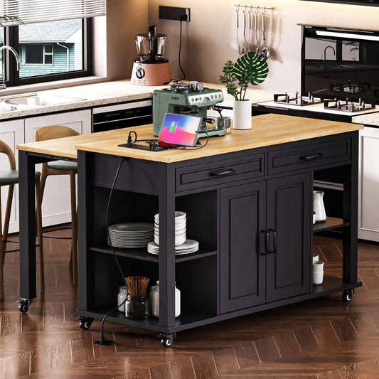 K&K 47 Inch Kitchen Island With Extendable Dining Table, Rubber Wood Veneer Kitchen Table With Internal Storage Rack, Power Outlet, Kitchen Island With Storage 2 Drawers 2 Cabinet, Black