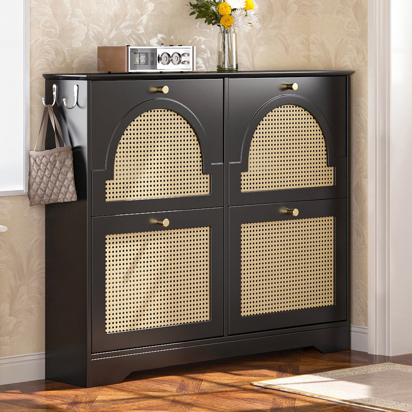 Mid-Century Narrow Design Tipping Bucket Shoe Cabinet With 4 Flip Drawers, Elegant Entryway Shoe Organizer With 4 Rattan Doors, Freestanding Shoe Rack With 2 Silvery Hooks For Hallway, Black, 42.1 W