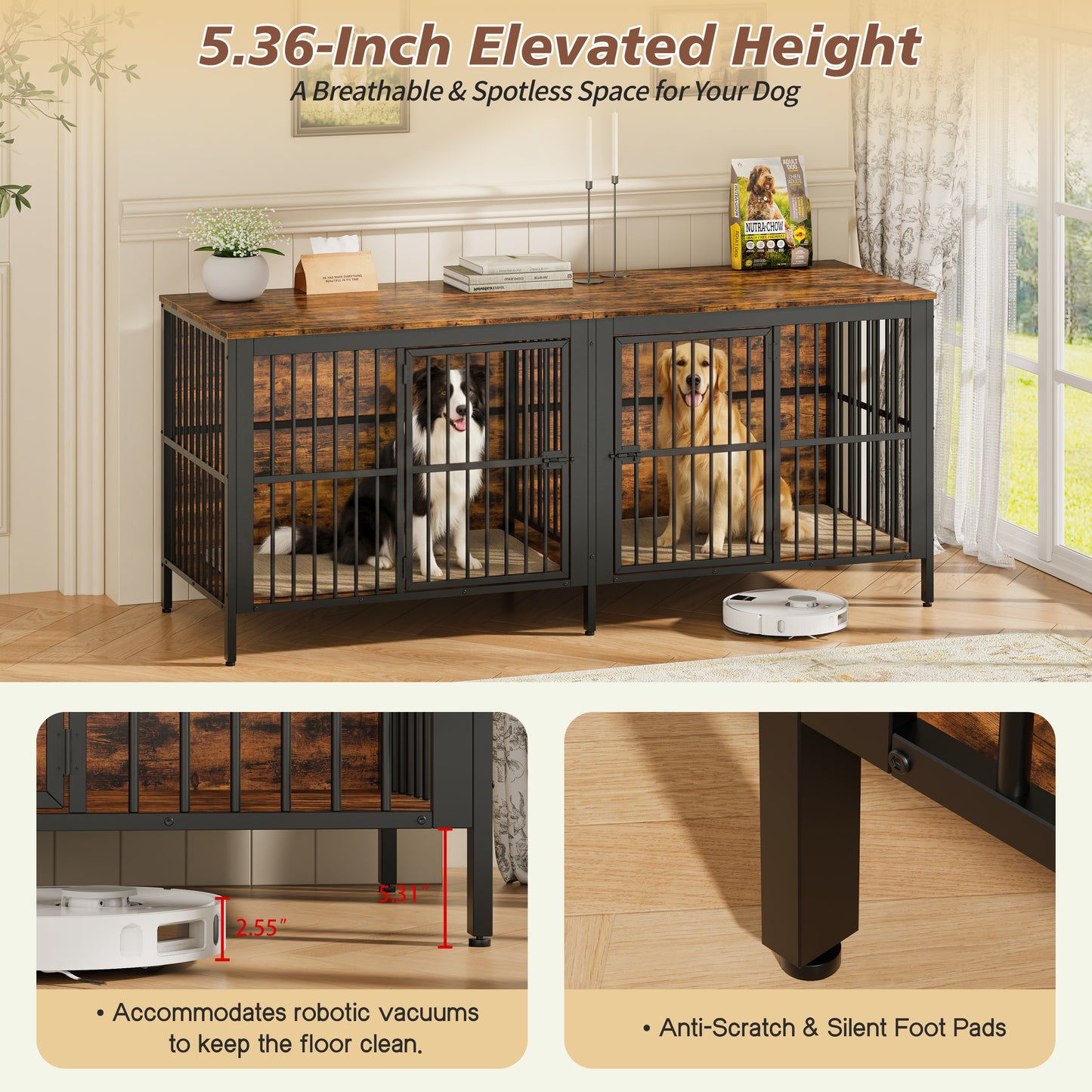 80  Dog Crate End Table, Heavy Duty 2-Door Indoor Pet Kennel, Multipurpose Dog House Furniture As TV Stand Or Side Table For Living Room, Large & Medium Dogs. Rustic Brown