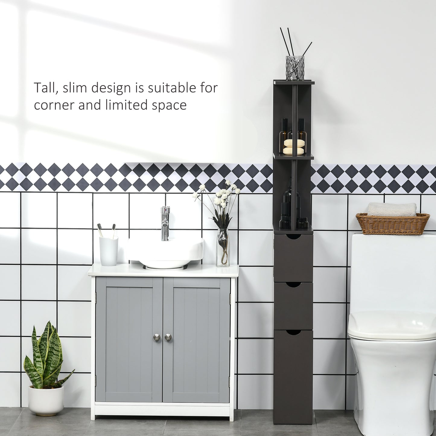 HOMCOM 54 Tall Bathroom Storage Cabinet, Freestanding Linen Tower With 2-Tier Shelf And Drawers, Narrow Side Floor Organizer, Brown