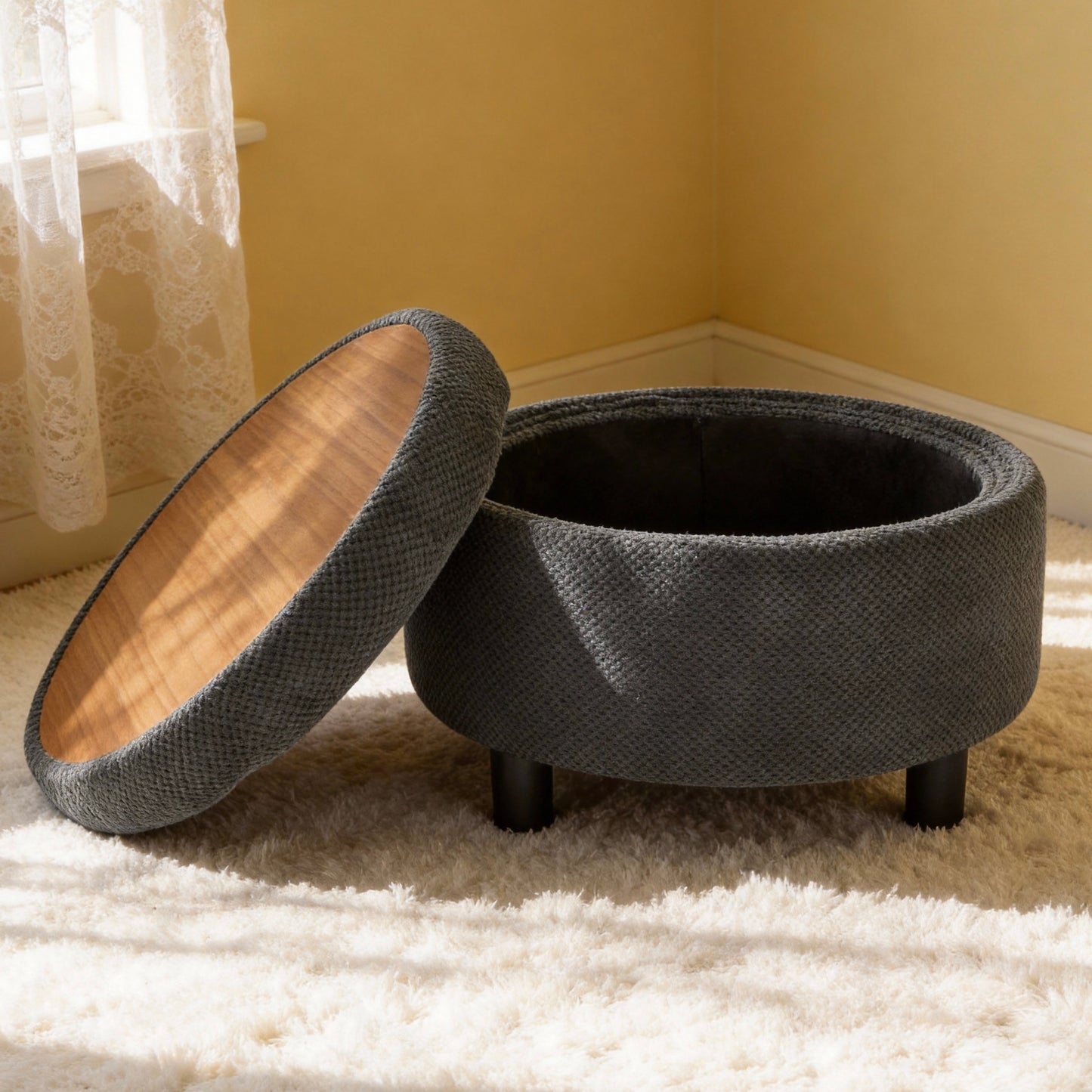 25Inch Round Storage Ottoman With Tray, ModernTufted Fabric Circle Coffee Table With Storage, Upholstered Ottoman With Removable Top For Living Room, Bedroom,Dark Grey