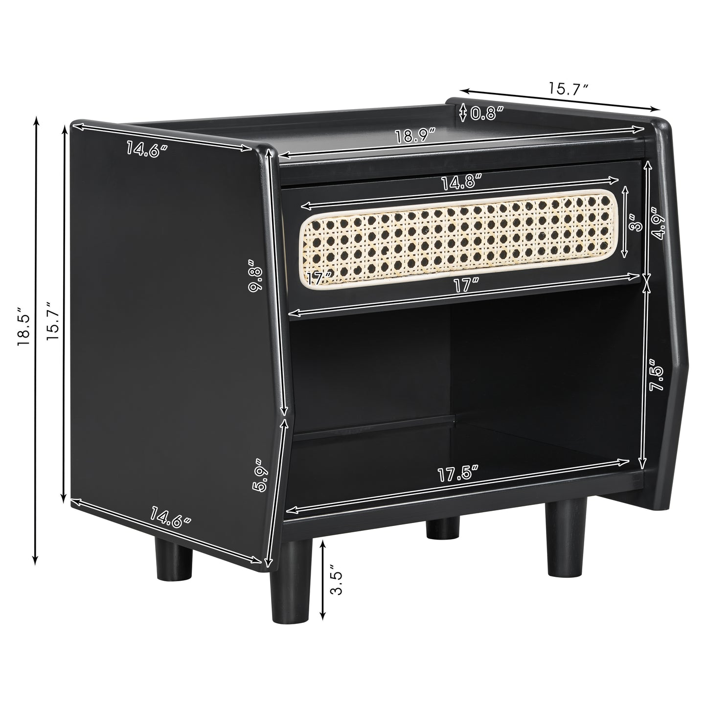 Black Nightstand With Rattan Detail, MDF   Solid Wood, Modern Bedroom Storage, Open Shelf & Drawer, Indoor Furniture
