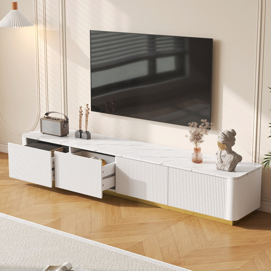 ON-TREND Luxury Fluted TV Stand For TVs Up To 85, Faux Marble Tabletop Media Console With 4 Drawers, Curved Profile Design, Modern Entertainment Center With Gold Base For Living Room, White
